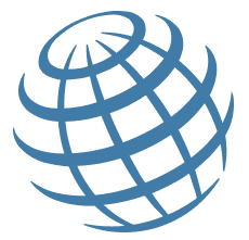 A stylized blue globe logo with curved lines representing meridians and parallels.