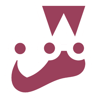 A maroon, stylized emblem resembling a jester's cap or a royal boot with white trim.
